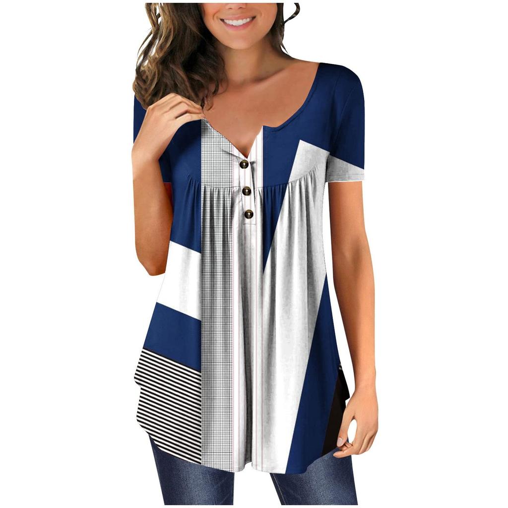 Women's V-Neck Color Block Patchwork Printed Button Flower Short Sleeve T-shirt Top