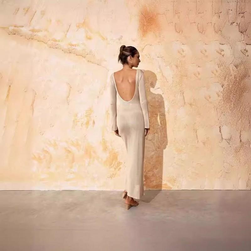 Long Sleeve Knit Midi Dress With U-Neck Open Back Detail A-Line Silhouette Streetwear Style