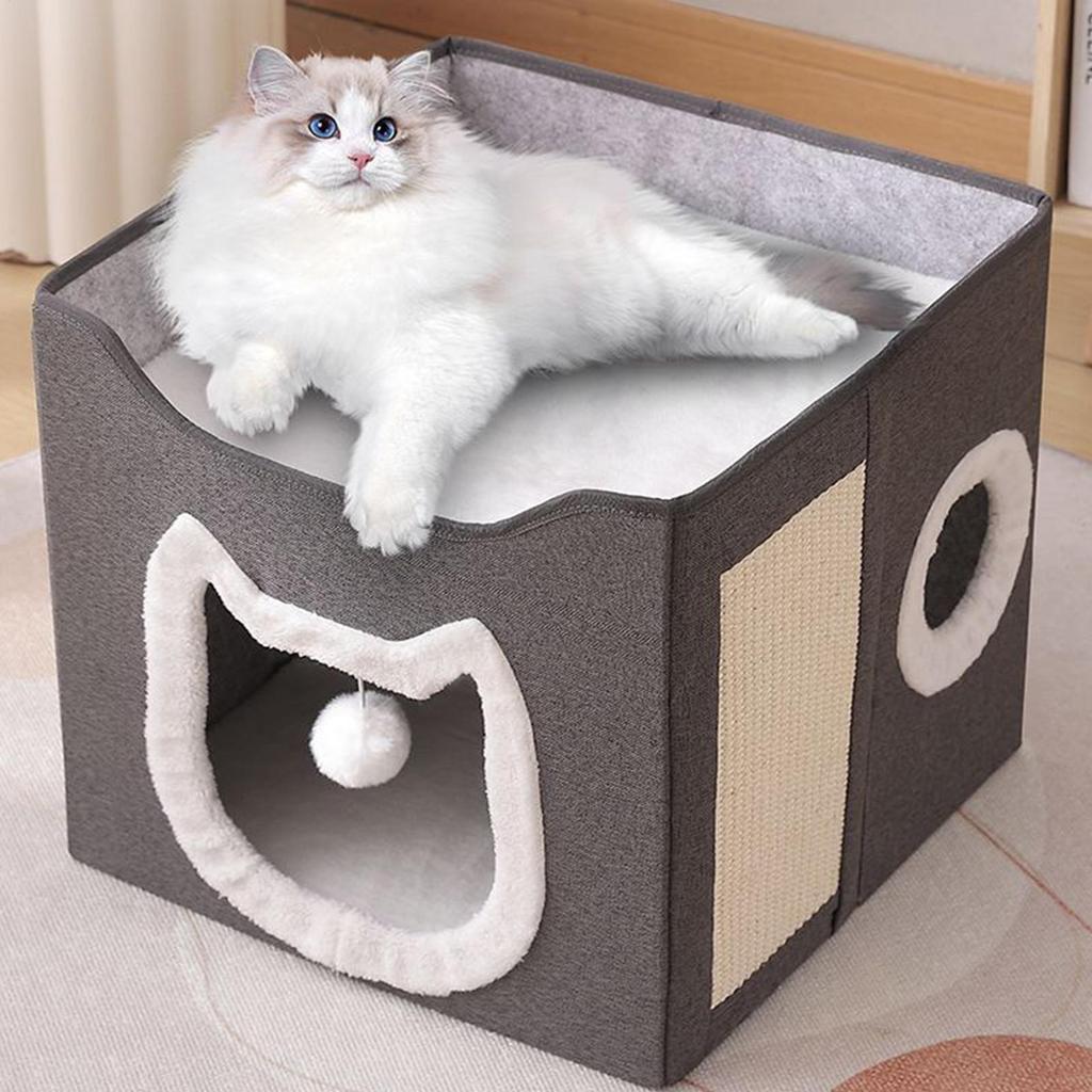 Cat Cave Foldable Pet Shelter House 2-Layer Large Cave Bed Shelter Hideaway Kennel With Scratch Pad And Ball For Cats Dogs
