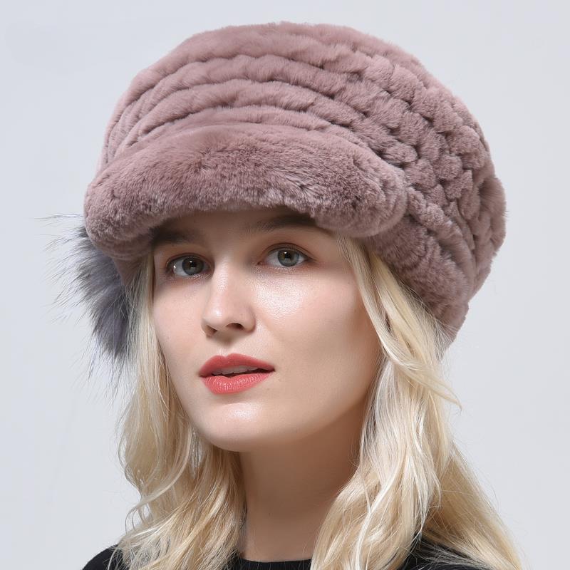 Women Winter Warm Cap Natural Rex Rabbit Fur Thick Knitted Headwear Classic Popular Female Stylish Hat
