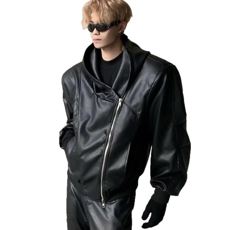 European-American Hip Hop Deconstructed Hooded Leather Jacket - Men's Trendy, Loose-Fit PU Streetwear