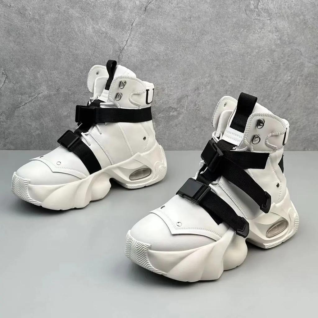 Fashion Men's High Top Thick Soled Height Increasing Comfort Waterproof Anti Slip Sports Shoes Buckle Belt Wear-resistant Fashion Boots