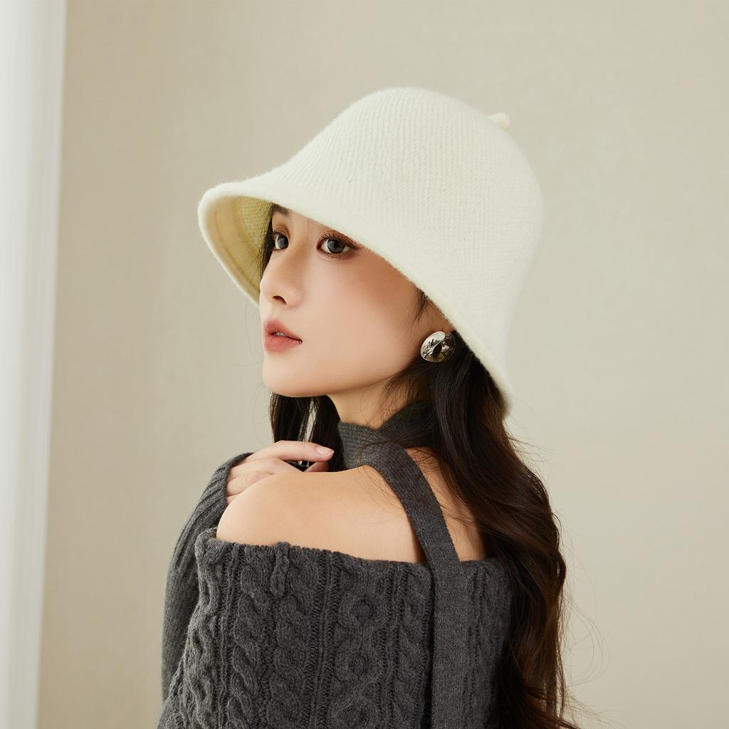 Fashion Bucket Hat Women'S Spring And Autumn Winter Solid Color Knitted Wool Bucket Hat Cover Face Tide Japanese