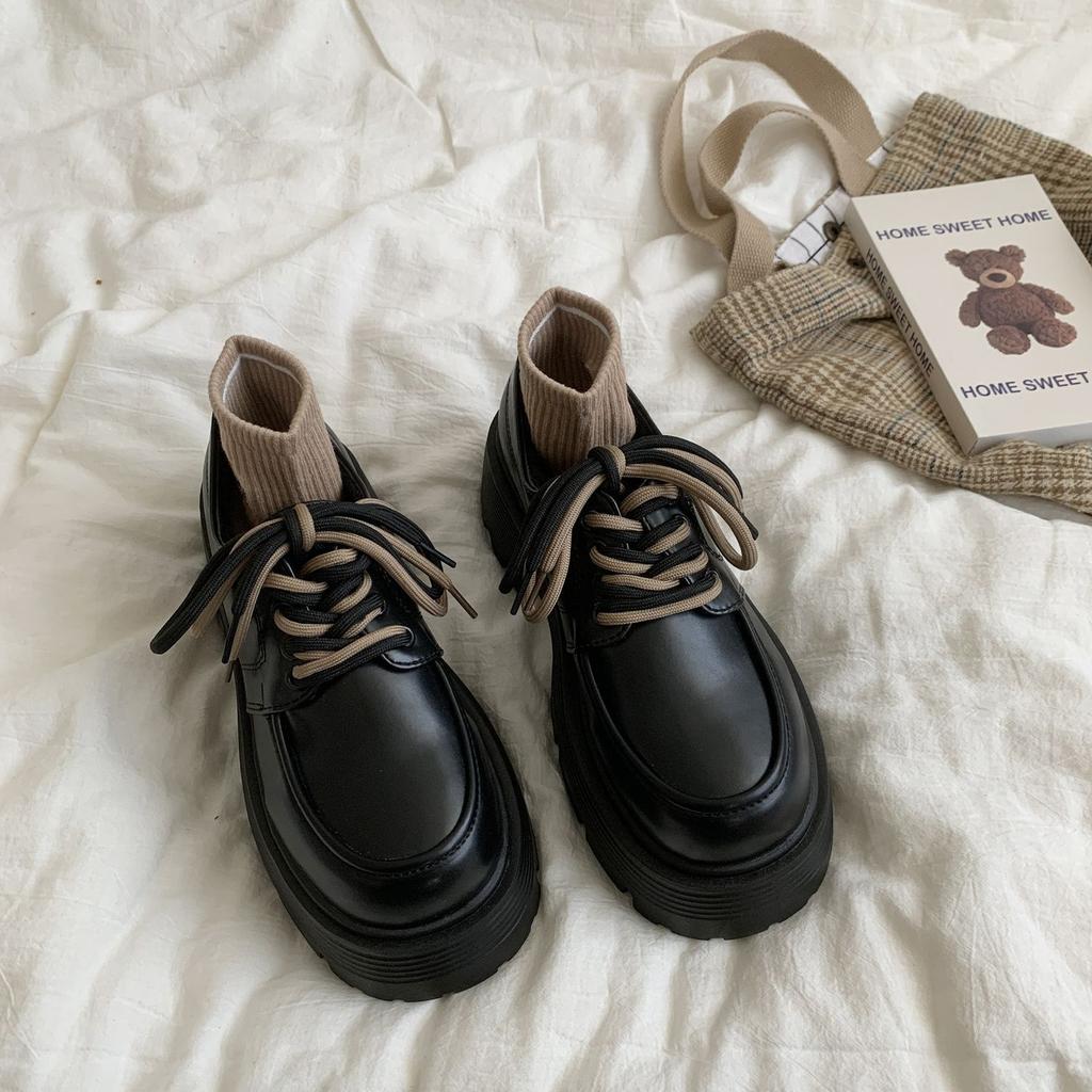 Thick Heel Thick Sole Heightened Black Small Leather Shoes Women's Autumn 2025 New British Style Retro Lace-up Single Shoes Ins