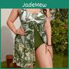 Plus Monokini Women Size Summer Uneck Sleeveless Plant Print Split Hem Onepiece Swimsuit Control Tummy Swimming Suit Quick Drying Beachwear