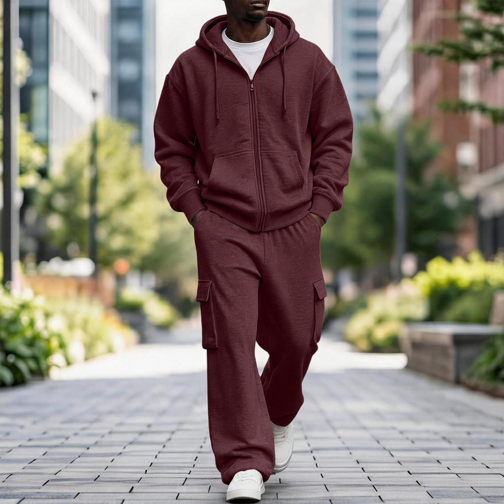 Ensemble de survêtement décontracté d'extérieur pour homme avec sweat à capuche zippé et pantalon cargo à taille élastique - Ensemble 2 pièces