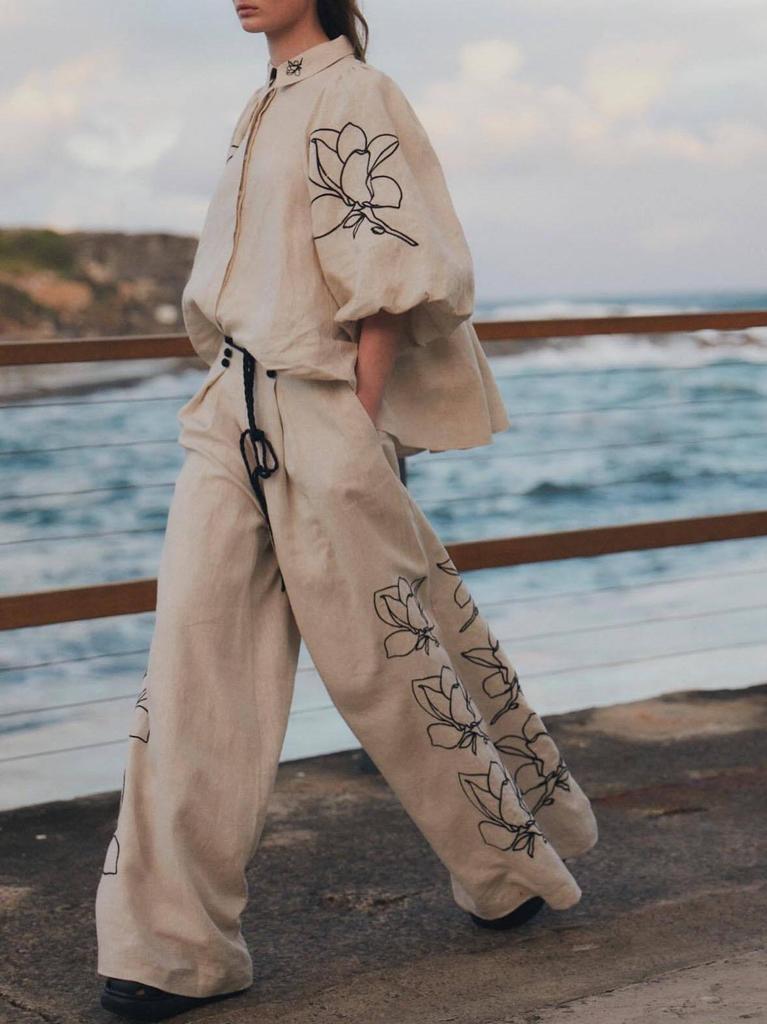 High-End Fashionable Cotton Linen Embroidery Wide-Leg Pants Suit for Women