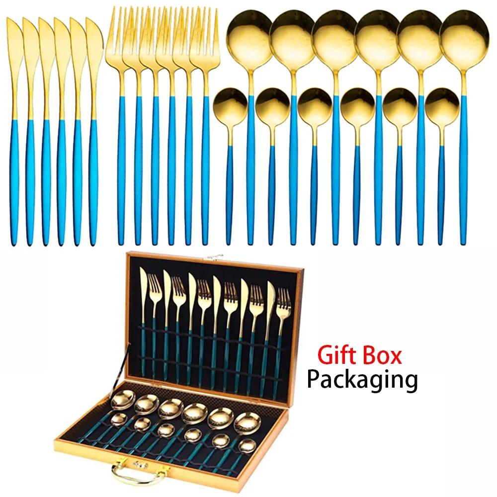 Tableware Set Gift Box Fabulous Cutlery Knife Fork Dessert Spoon Coffee Spoon 24PCS Gold Flatware Dinnerware Sets