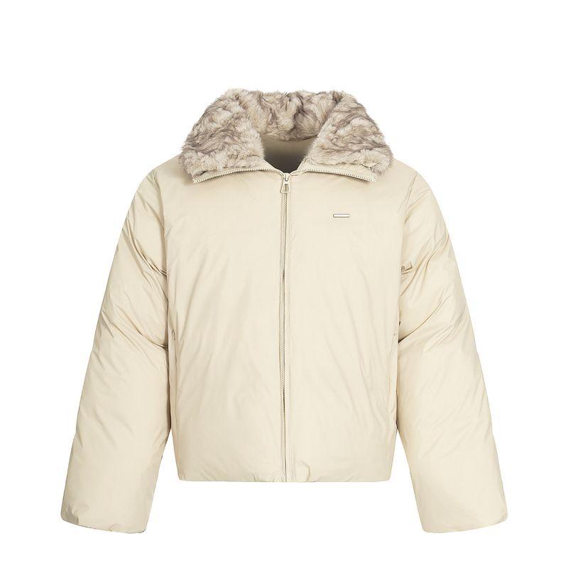 

Kisko Winter American-Style Thickened Warm Stand-Up Collar Puffer Jacket for Men and Women, High-End Fur Collar Short Cotton Coat Trendy Apricot color(Detachable fur collar) XL