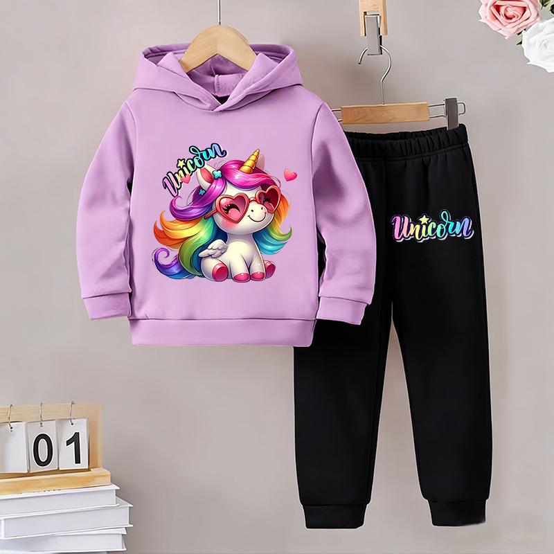 Girls Autumn/Winter 2Piece Set Cute Unicorn Print Hooded Sweatshirt Pants Warm Casual Stylish Active Play Perfect for Outdoor