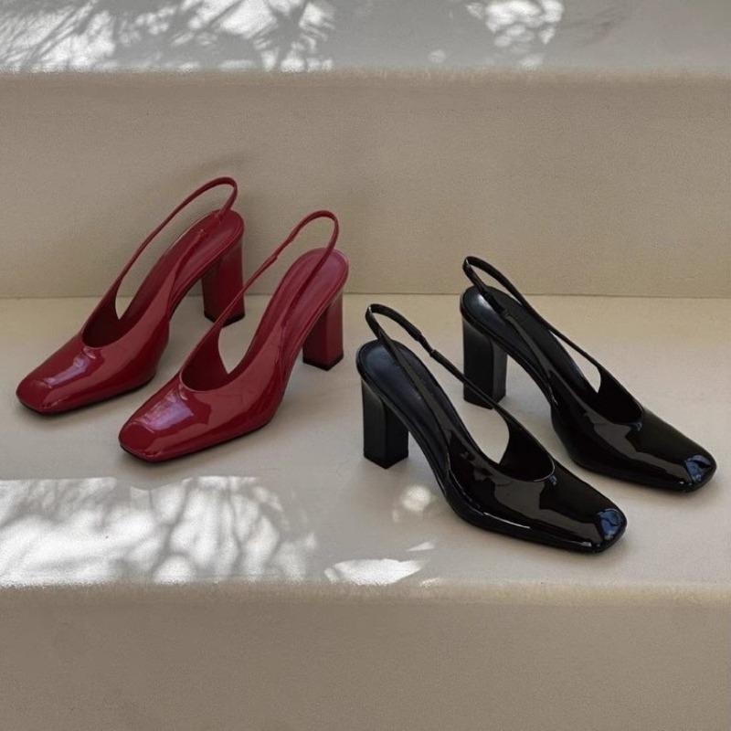 2025 Shallow Slip on Sandalias De Mujer Square Toes High Heels Back Strap Woman Pumps Metal Decoration Zapatos Mujer