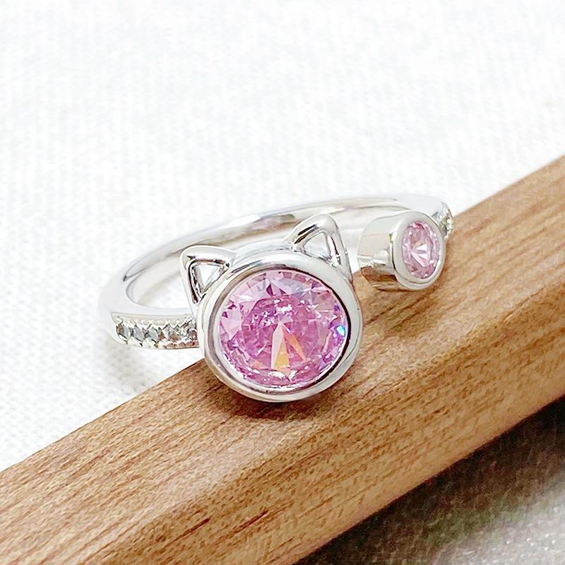 [Pink Meow Ring] Kitten Cat Claw Cartoon Cute Opening Ring Pink Zircon Stacked Wearing Girlfriend Ring Woman