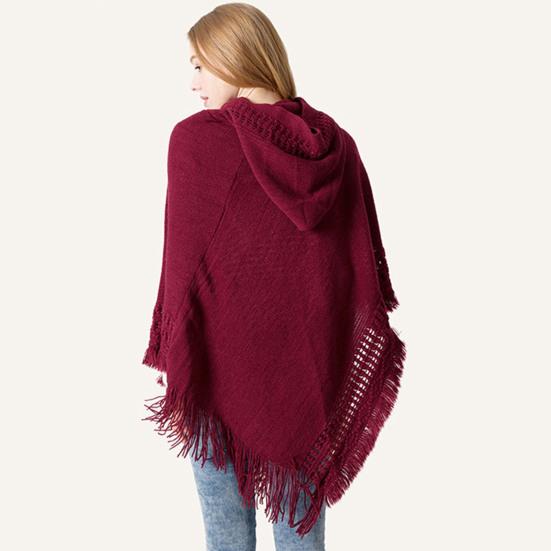 Mantella autunnale da donna con nappa, maglia allentata, tinta unita, orlo irregolare, caldo mantello con cappuccio e frange della Boemia per il lavoro