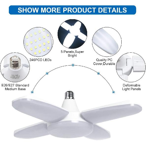 LED Garage Lights, 60W Led Garage Ceiling Light 6000LM Daylight,Deformable Light Bulbs 60 Watt Work Light,E26/E27 Shop Lights for Garage Barn