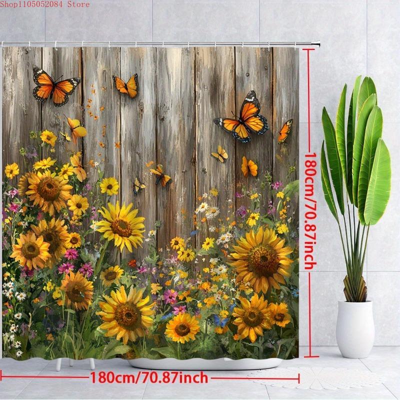 1pc rustic wooden fence shower curtain whimsical garden - With Hooks Waterproof Mildew Proof Easy Install Washable