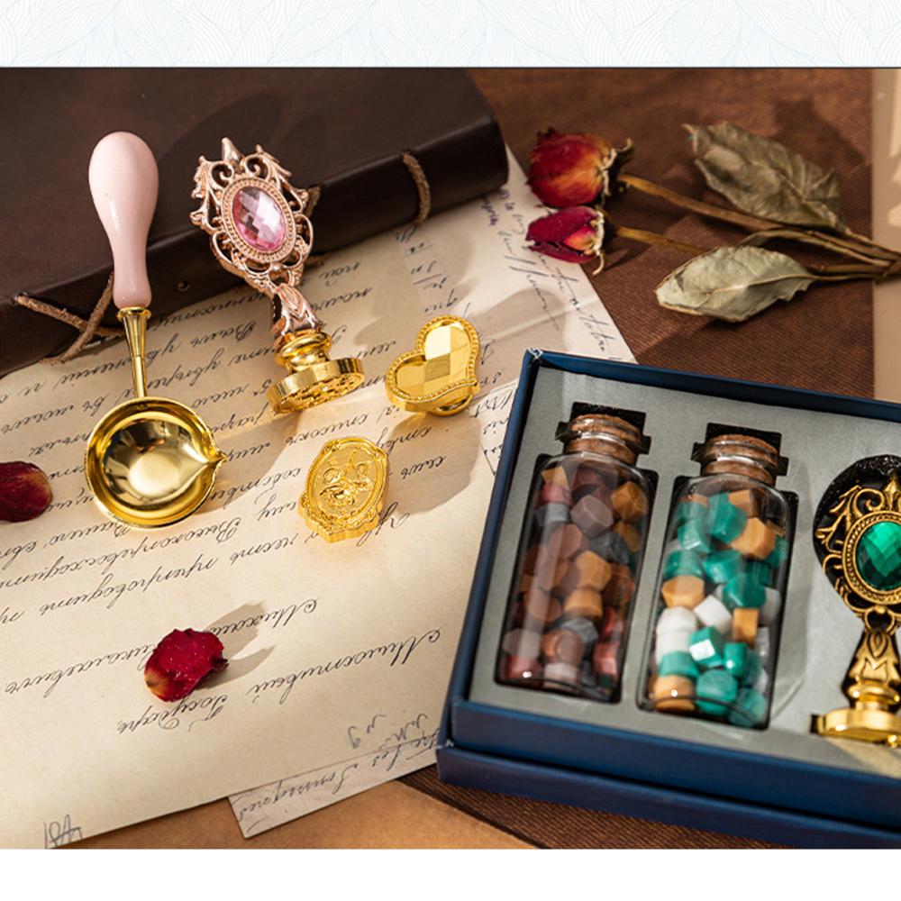 Wax Seal Stamp Kit with 3pcs Seal Stamp and Bottle of Wax Beads Spoon Candle for Christmas Vintage Envelopes Letters Mailing Crafts Gift for Envelo