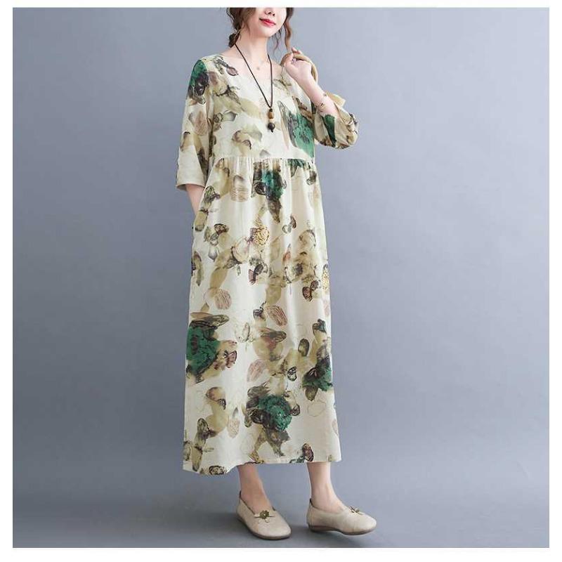 Summer New Literary Large Size Loose Thin Round Neck Five-minute Sleeve Age Reduction Women's Dresses