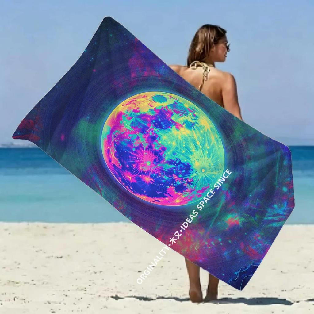 Trippy Neon Moon Beach Towel Patterned Sunscreen And Windproof Suitable For Swimming Pool Camping Travel
