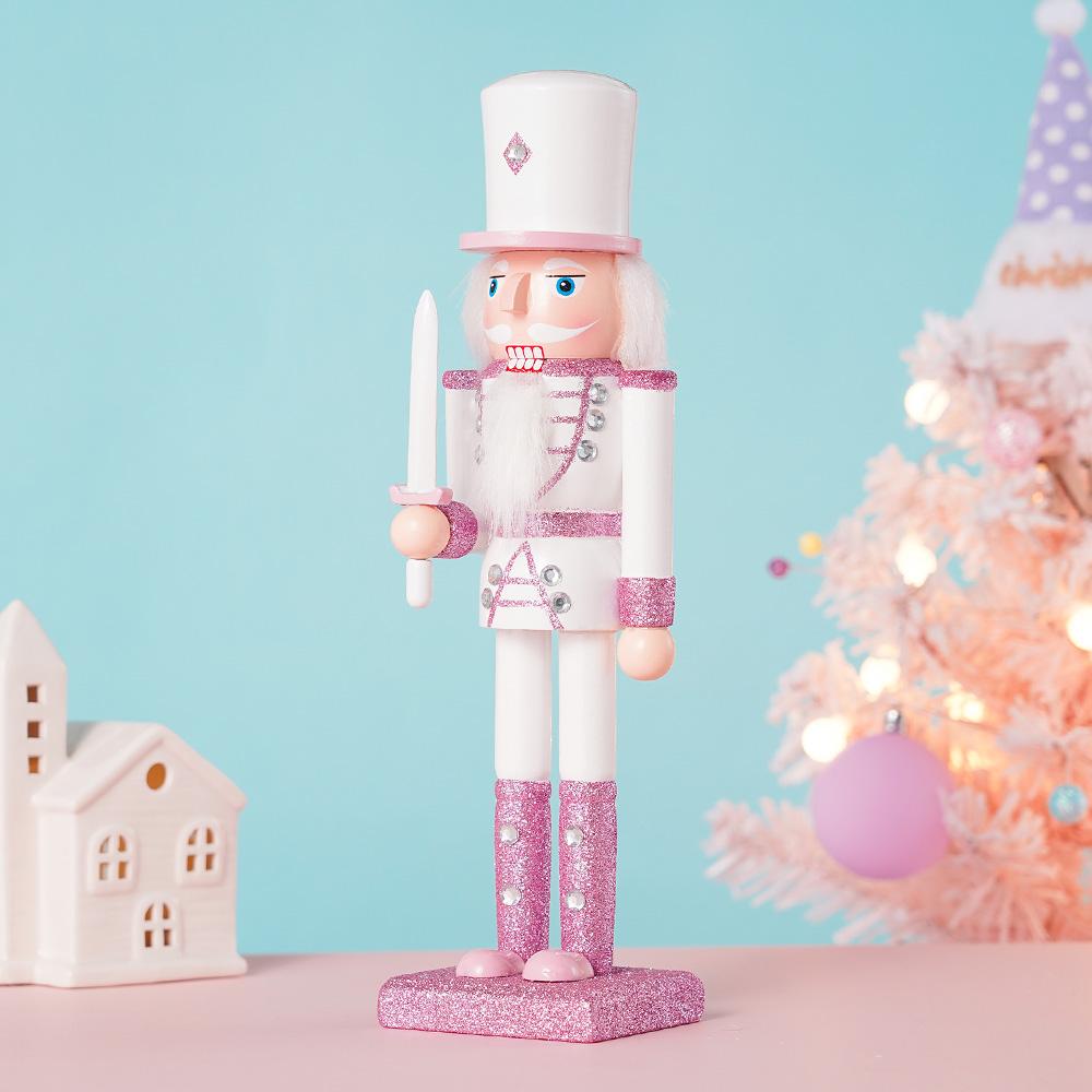 30CM Wooden Nutcracker Solider Figurine Puppet Pink Glitter Soldier Doll Toy Handcraft Ornament Christmas Home Office Decoration