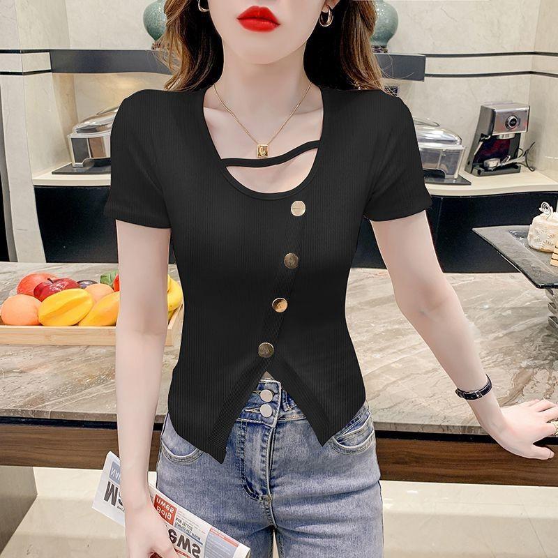 Dámské letní nové tričko s krátkým rukávem, s rozparkem, nepravidelné, šik, niche, jedinečné, krátké, slim střih, bodycon