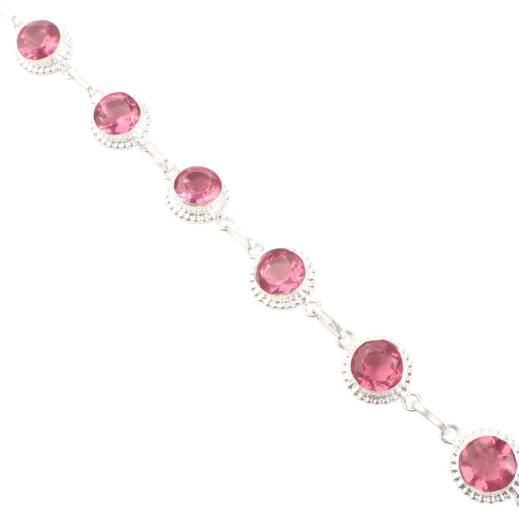 Pulseira Feita à Mão em Prata de Lei 925 com Gema de Turmalina Rosa Joia para Mulheres RB-9-19