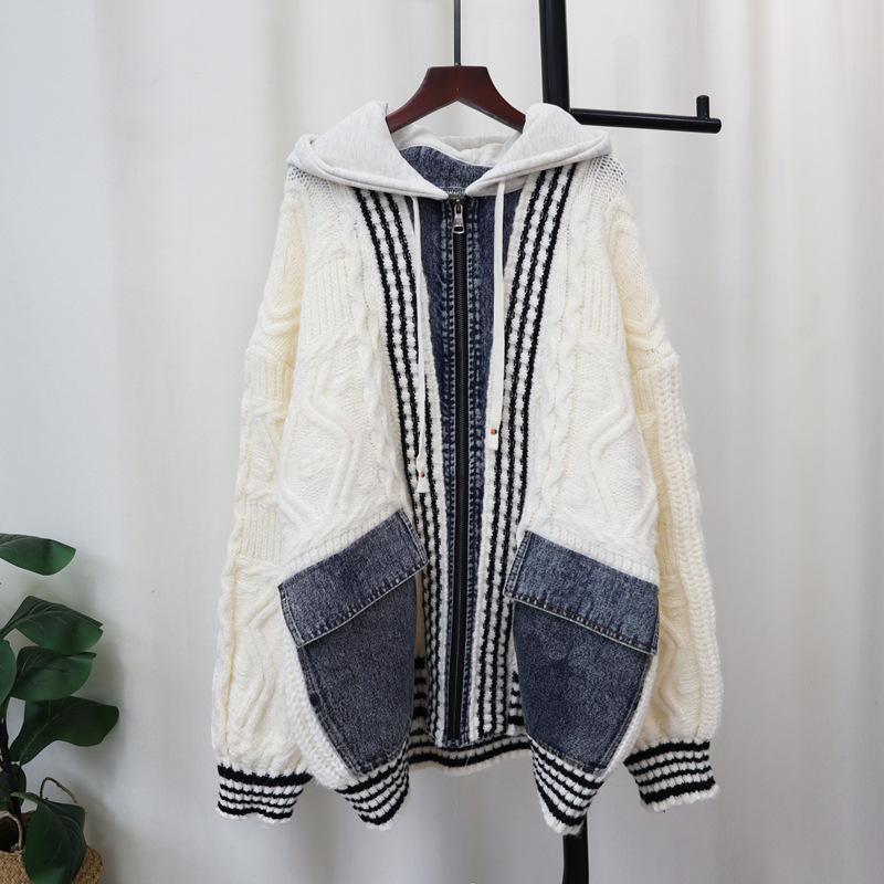 Autumn and Winter New Hooded Splicing Denim Zipper Knitted Cardigan Thickened Loose Design Sweater Jacket Women