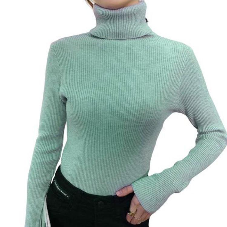 High Elasticity Women Turtleneck Sweater Long Sleeve Solid Color Knitwear Regular Fit Knitting Tops зелёный