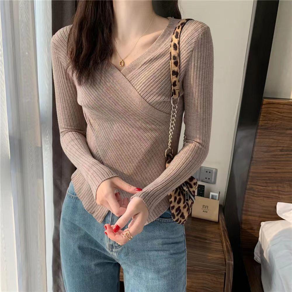Women's Knitted Sweater Undershirt Autumn and Winter Slim V-neck Cross Irregular Sweater Knitted Bottoming Shirt