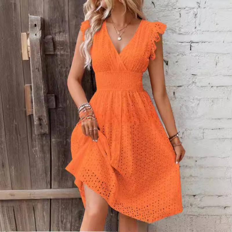 Fashion White Hollow Lace Midi Dresses Women Summer V Neck Ruffle Sleeve Dress Elegant Office Lady Casual Beach Holiday Sundres
