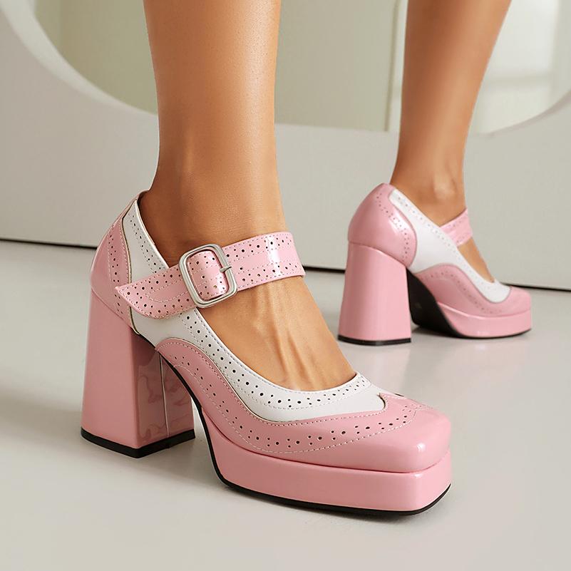 Quadratische Spitze Lackleder Mischfarben Lolita-Stil Süße Hohe Absätze Metallgürtelschnalle Kleines Loch Atmungsaktiv Flache Pumps