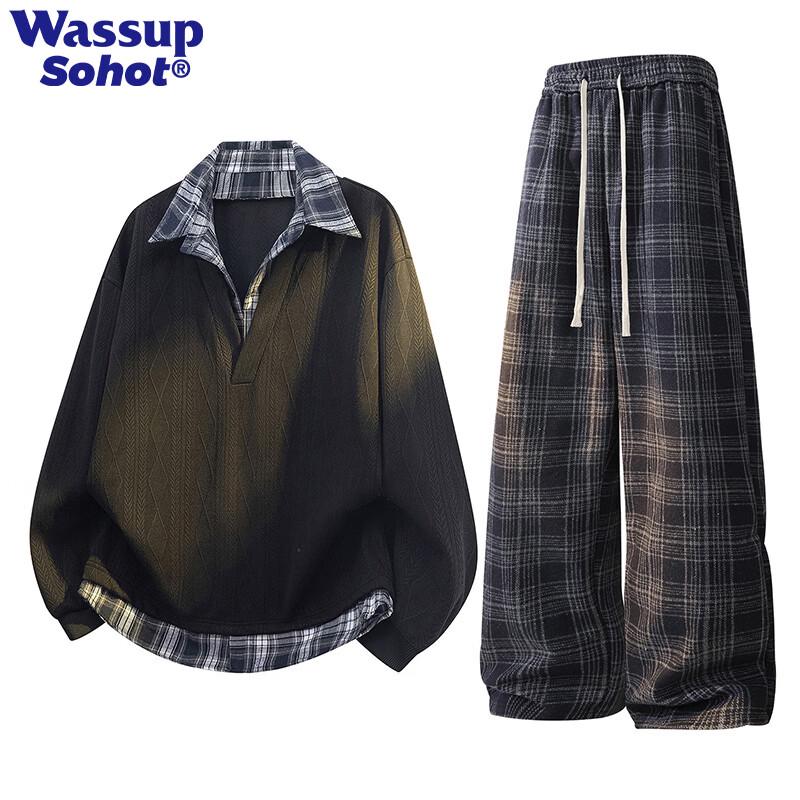 Wassup Sohot Men's Spliced Long-Sleeve T-Shirt & Plaid Casual Pants Set