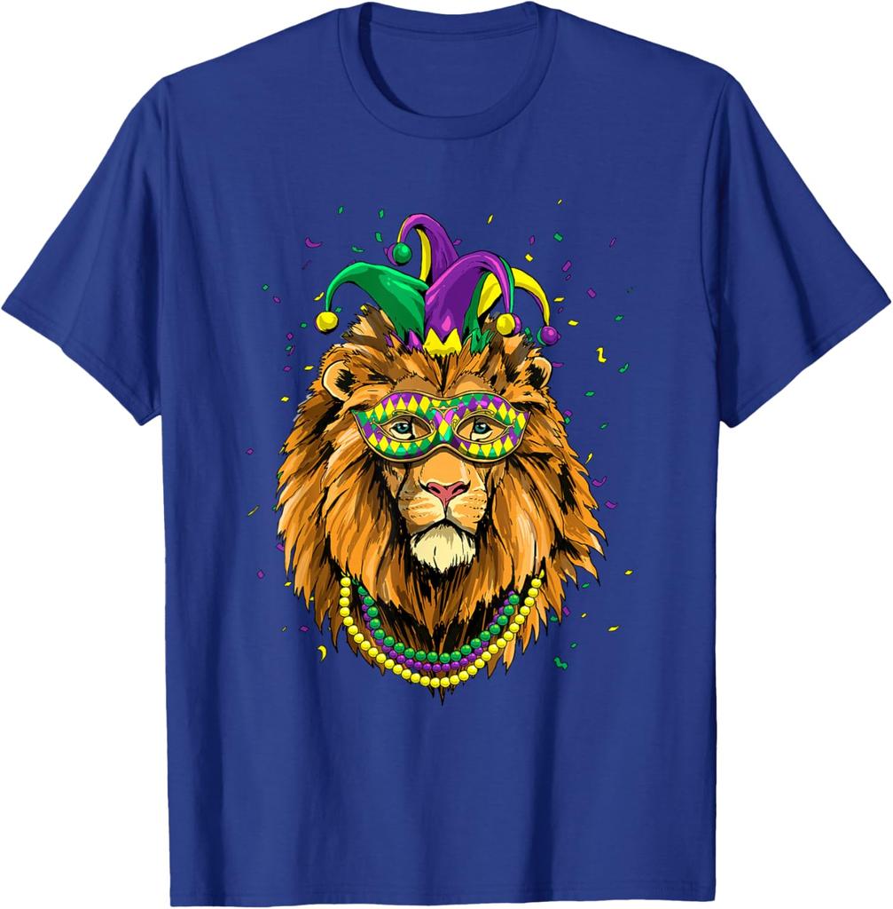 Lion Mardi Gras Mask Graphic Tee Breathable Short Sleeve T-Shirt Carnival Trip