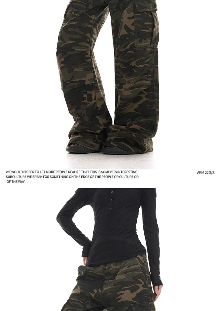 Unisex Vintage Washed Camo Wide-Leg Work Pants with Multi-Pockets