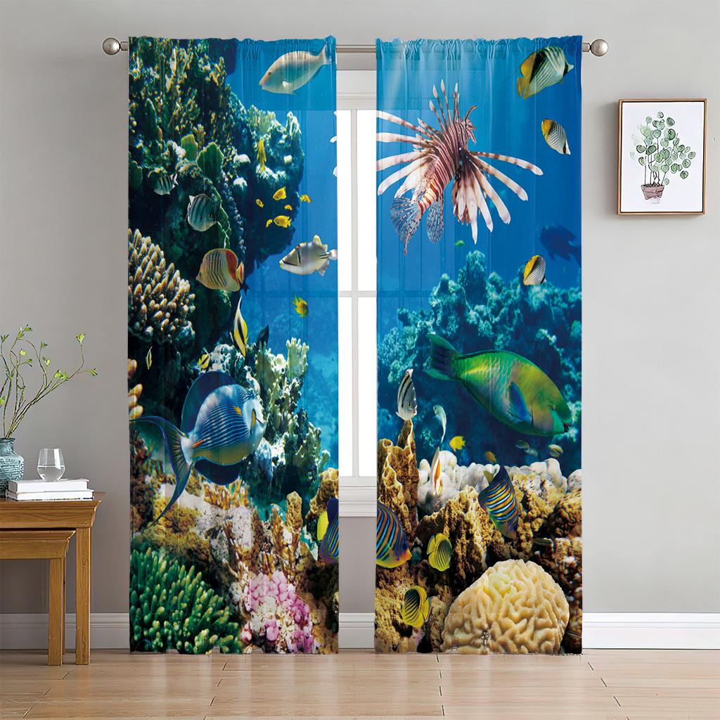 

2-панельная штора с синим морем, морское существо, дельфин, черепаха, штора для спальни, гостиной, кухни, окна, тюль, прозрачная вуаль, шторы 2x60Wx50H(CM)&Rod Pocket