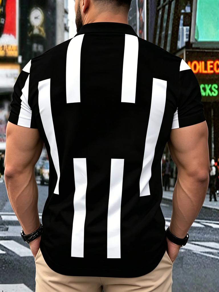 [Printed Design-Not Textured] Summer New Men'S Black And White Striped Polo Shirt, Comfortable Collared Casual Top, Easy Business Style Daily Wear