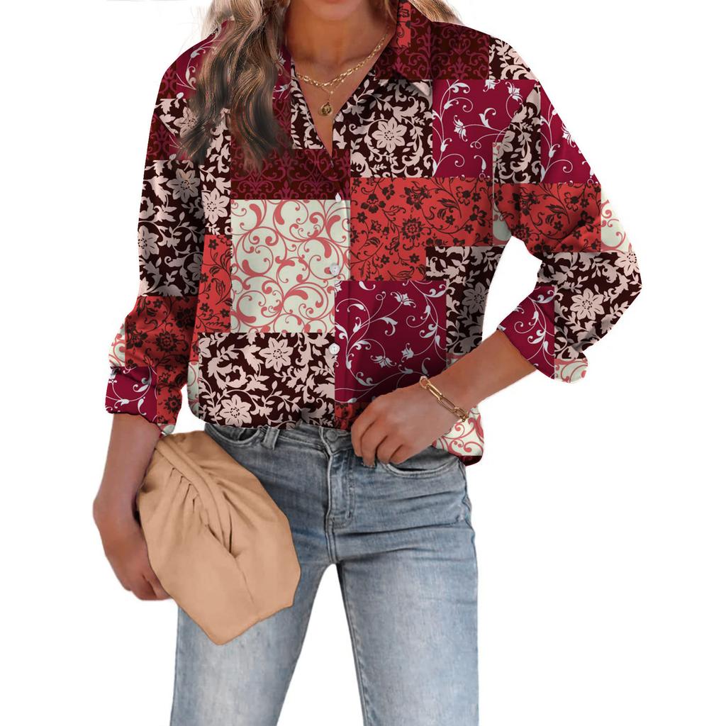 1116 Fashion European and American Shirts Spring and Autumn Loose Digital Printed Checked Cardigan Women's Shirt