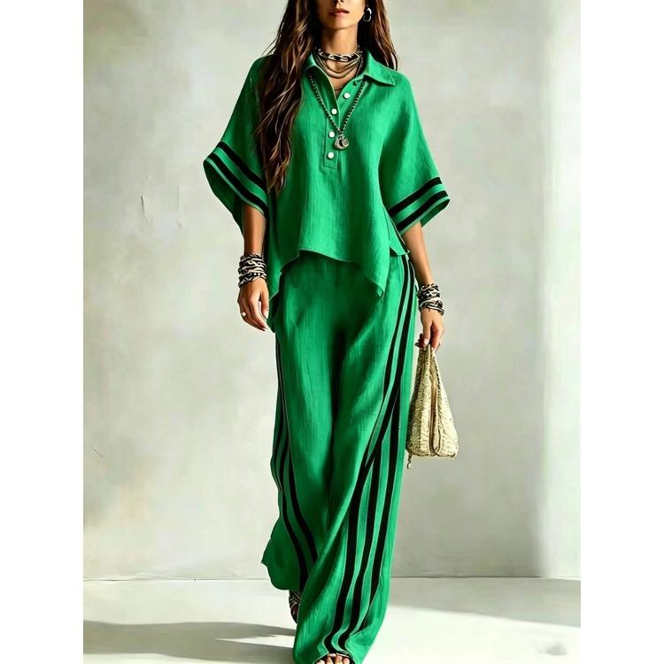 Women's Casual Short Sleeve Button Down Top with Wide Leg Pants Lounge Set