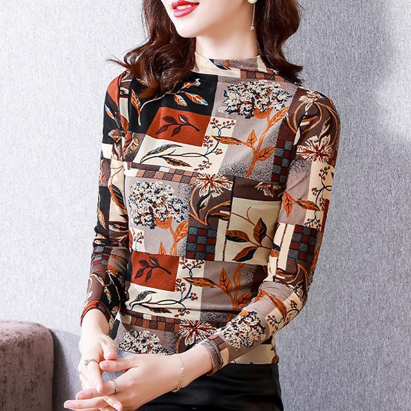 

Сетчатая рубашка на осень, новая футболка с принтом и полуворотом-водолазкой большого размера с длинными рукавами, женская футболка 2XL