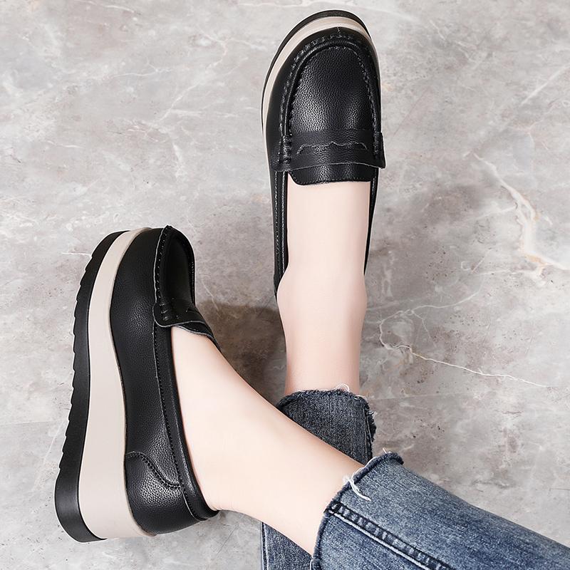 Ladies Platform Loafers Casual Elegant Black Leather Women Thick Sole Shake Shoe Plus Size