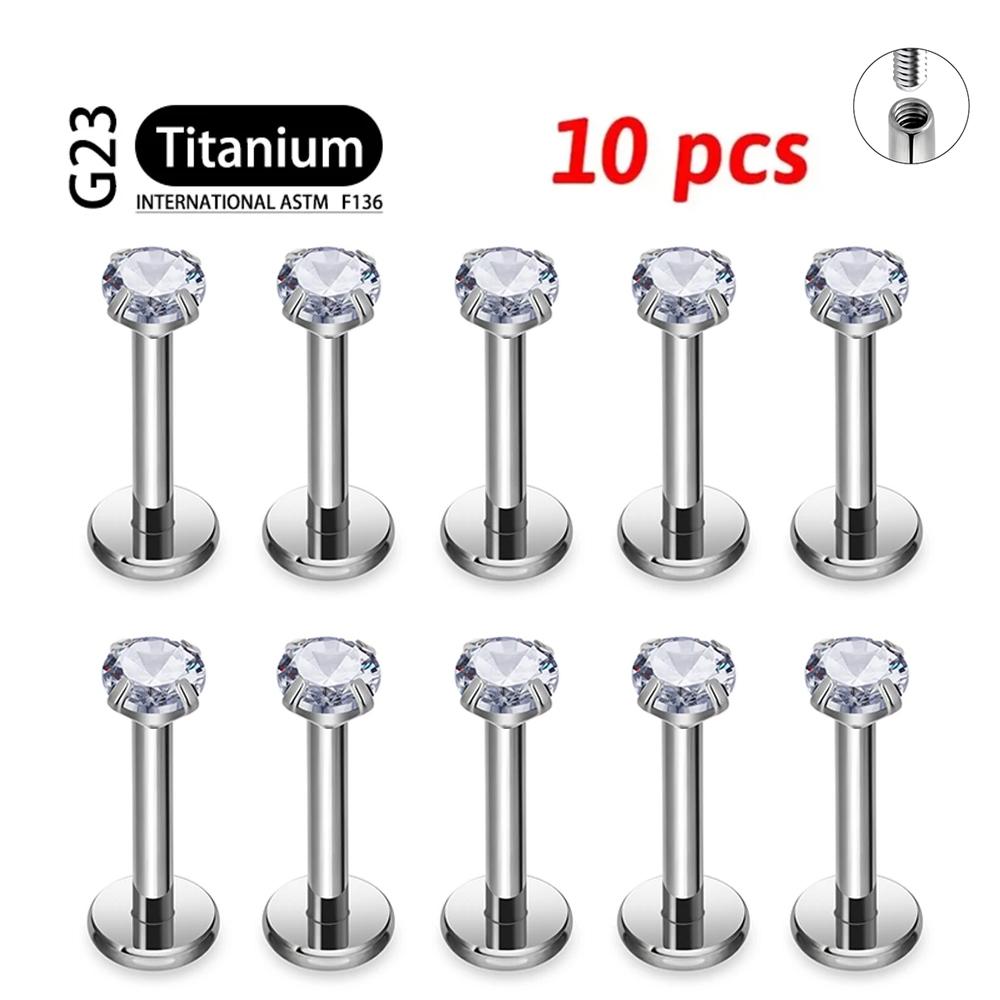 10Pcs ASTM F136 Titanium 18G/16G Internal Teeth Labret Stud CZ Cartilage Earring Helix Tragus Nose Stud Piercing