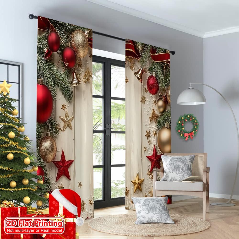 2D Flat Printing 2pcs Merry Christmas Curtains Stars and Pine Branches Versatile Fabric Without Electricity Family Party Perfect