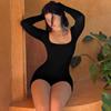 Women's U Neck Long Sleeve Bodysuit High Waist Tight Short Jumpsuit Slim Fit Sport Yoga Romper