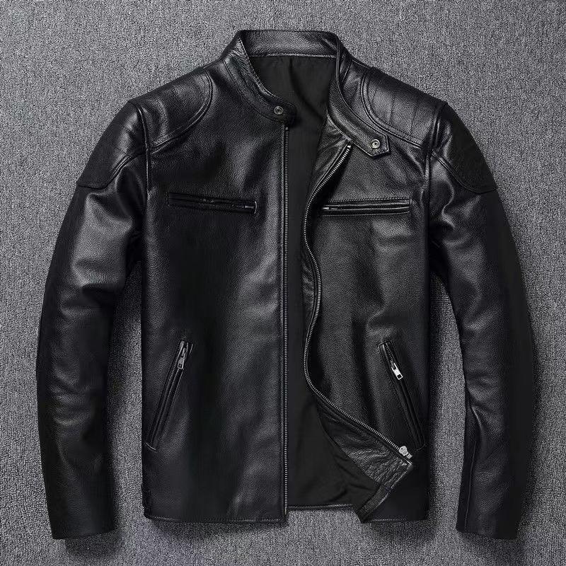 The new Khaki cowhide pattern is very good, leather jacket, men's stand-up collar lapel locomotive clothing, middle-aged and young men's leather jacke