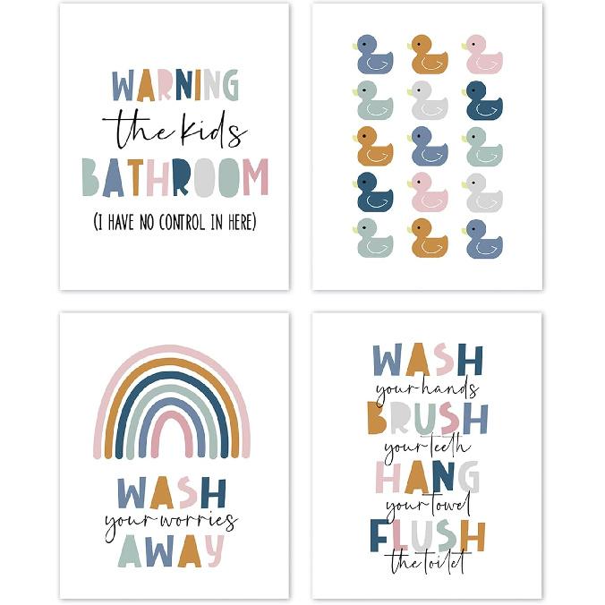 TLESKE Pink Girls Kids Bathroom Splash in the Bath Posters Prints Unframed 8x10 Set of 4, Dance in the Mirror Wall Art Prints Decor, Sing in the