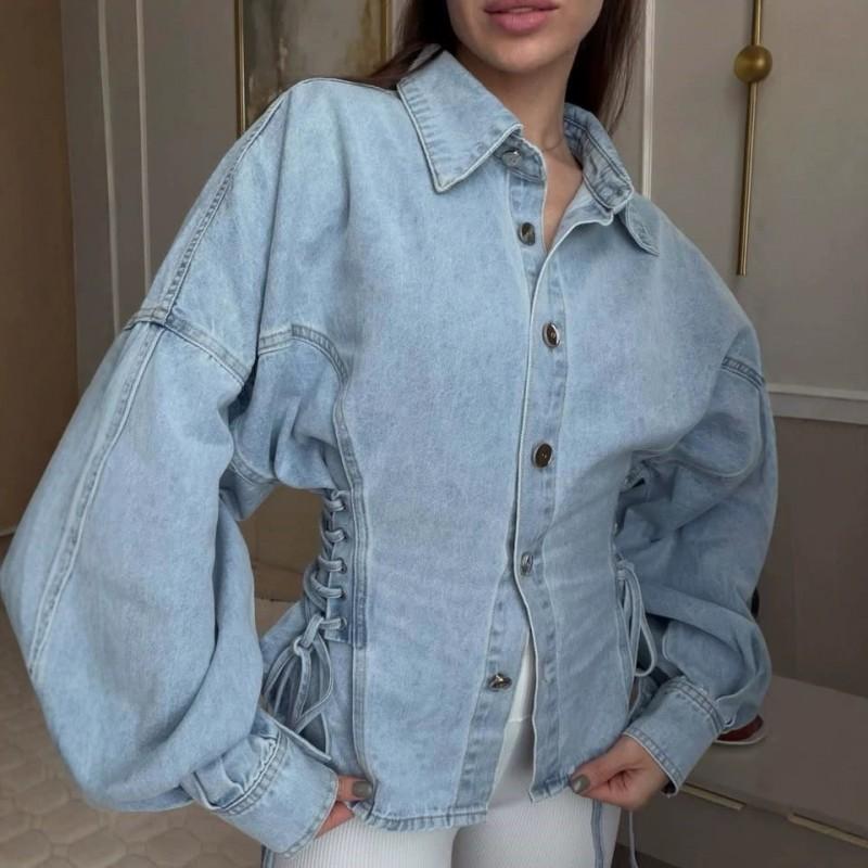 Slim Fit Drawstring Waist Denim Shirt Jacket Long Sleeve Office Chic Casual Wear Women 2026
