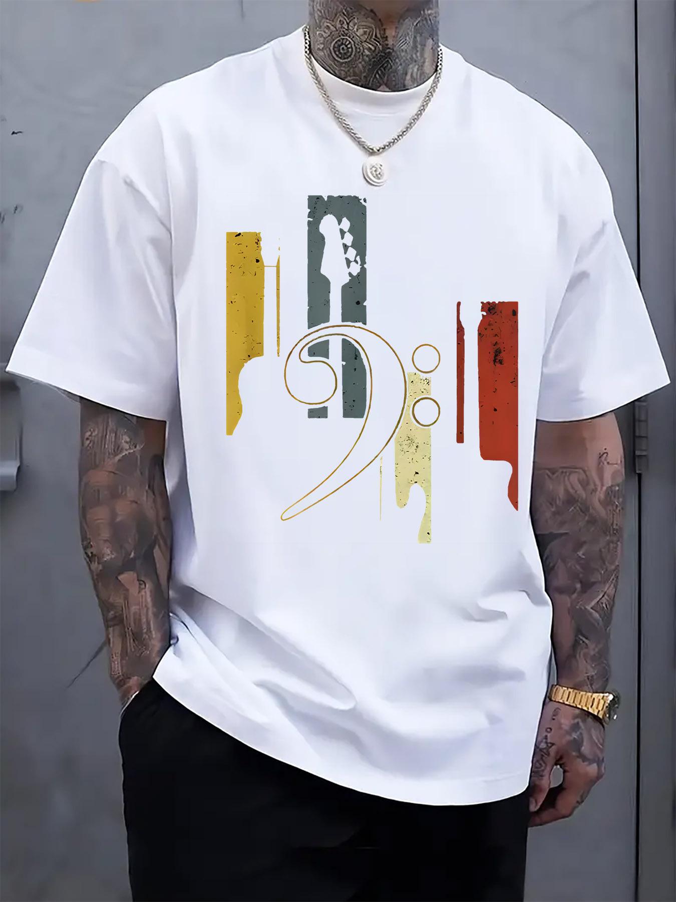 Casual Crew Neck T-shirt with Abstract Musical Elements Print L