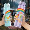 1PC Rainbow Flower Letter Design 750ml Color Plastic Sports Water Bottle Leakproof Flip Straw Lid Suitable for Sports Office Home Use