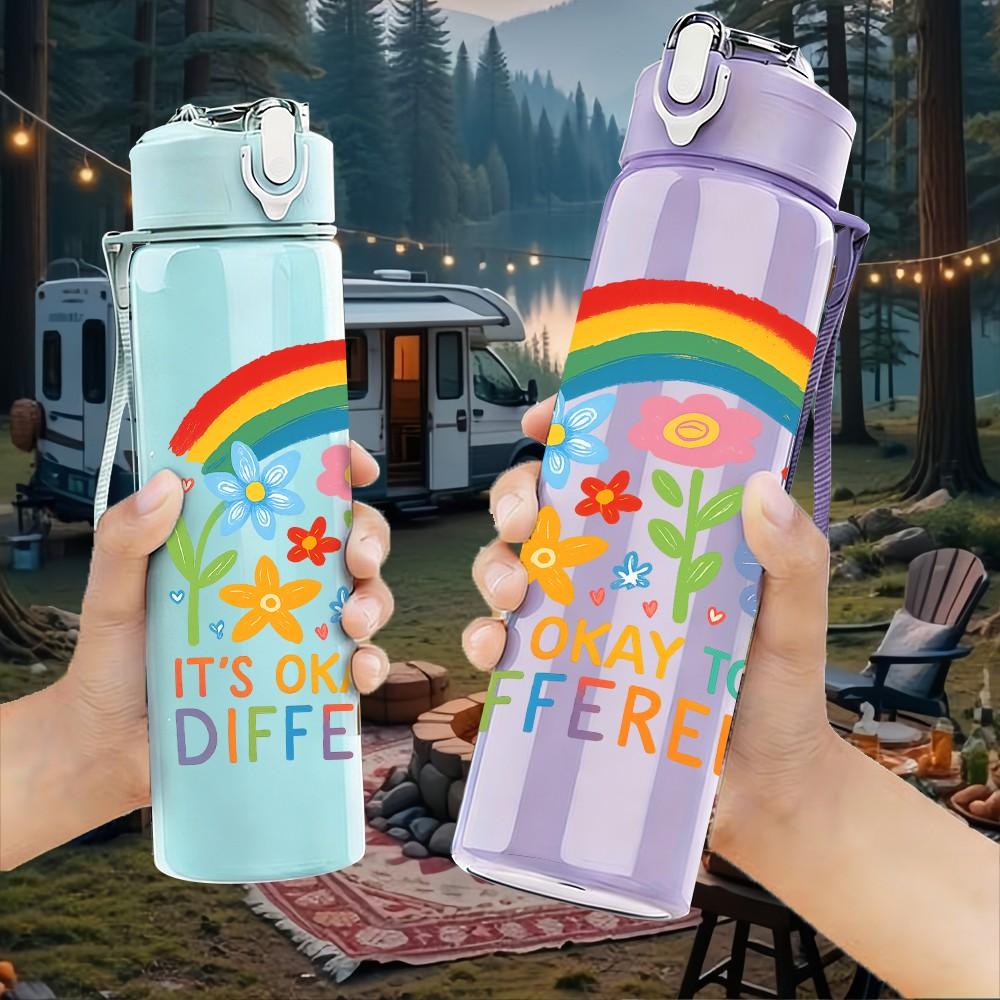 1PC Rainbow Flower Letter Design 750ml Color Plastic Sports Water Bottle Leakproof Flip Straw Lid Suitable for Sports Office Home Use