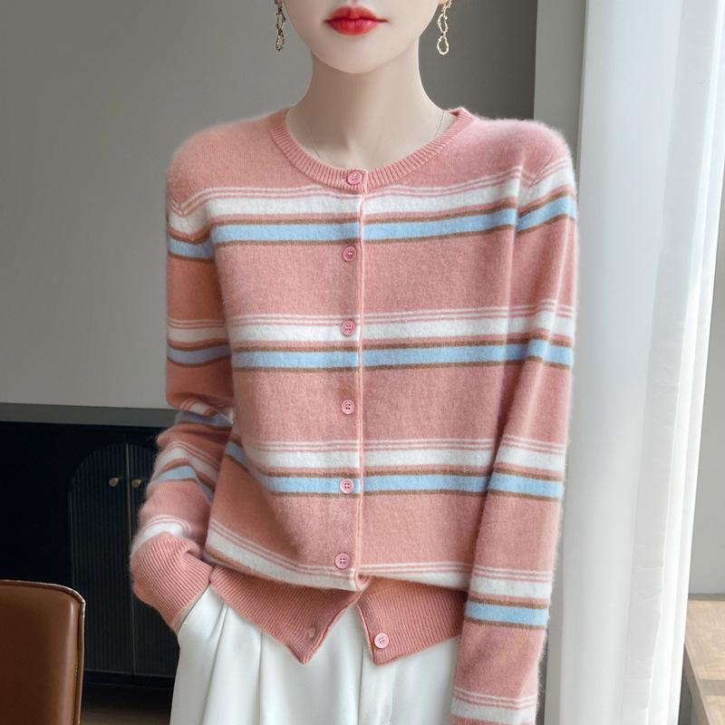 100% Wool Stripe Knit Cardigan - Autumn Academy Style Long Sleeve Sweater.