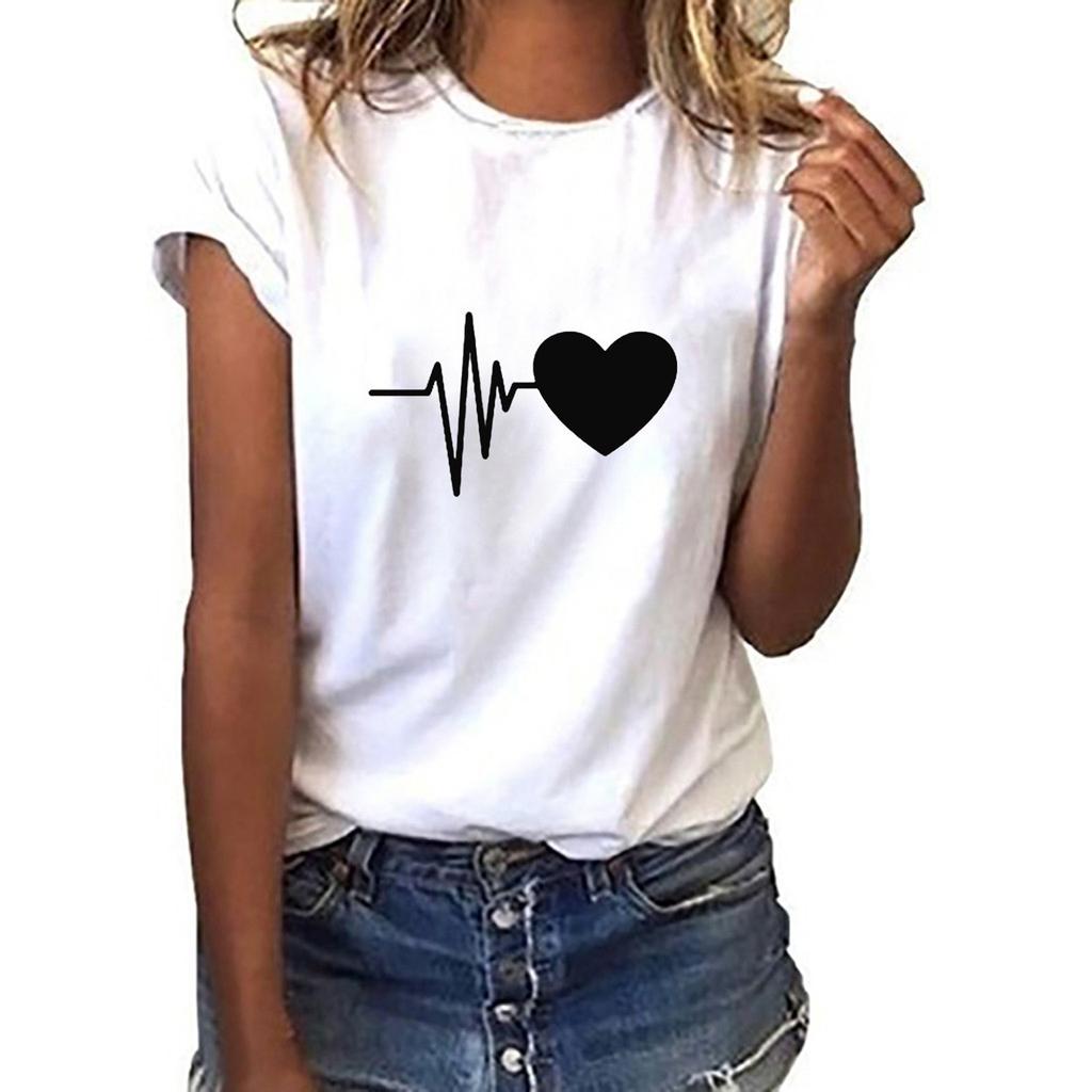 Fashion Women's Loose Short-Sleeved Heart Print T-Shirt Casual O-Neck Top